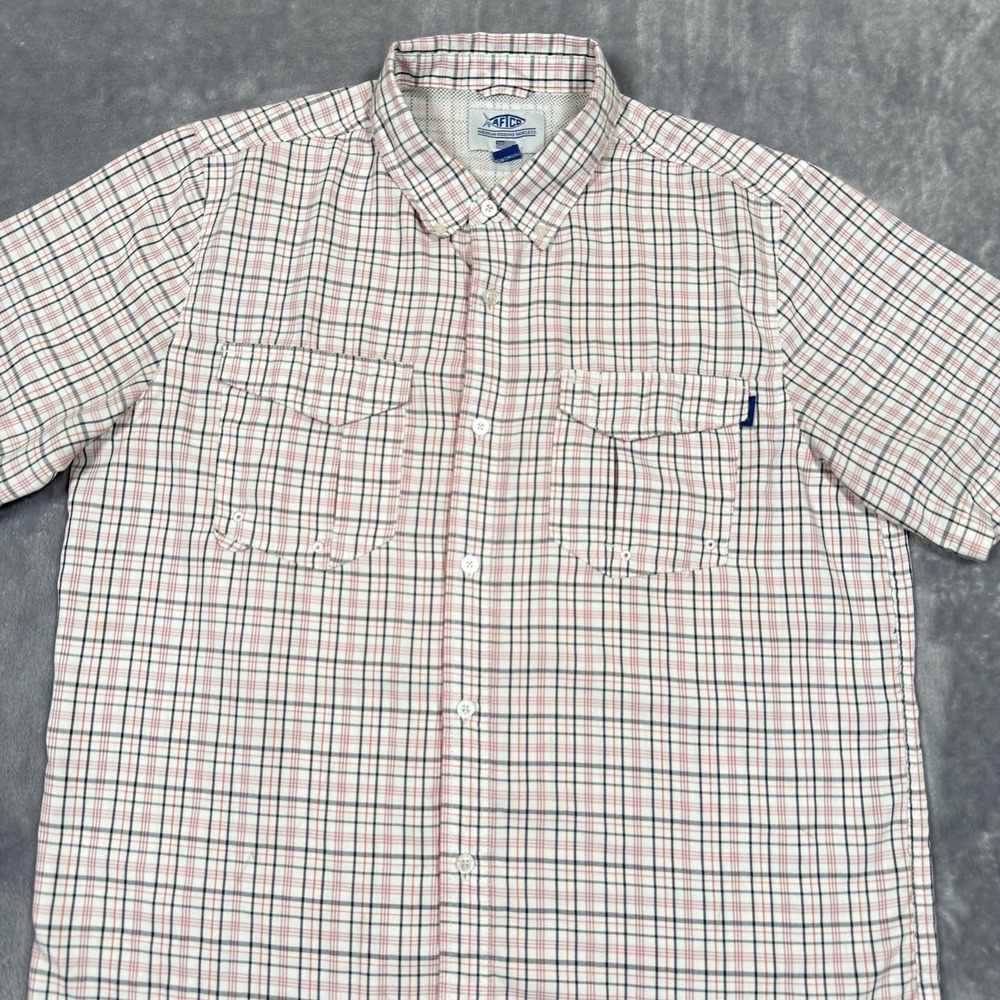 Aftco Fishing Shirt Mens Medium White Pink Aftec Button Down Vented Plaid Check